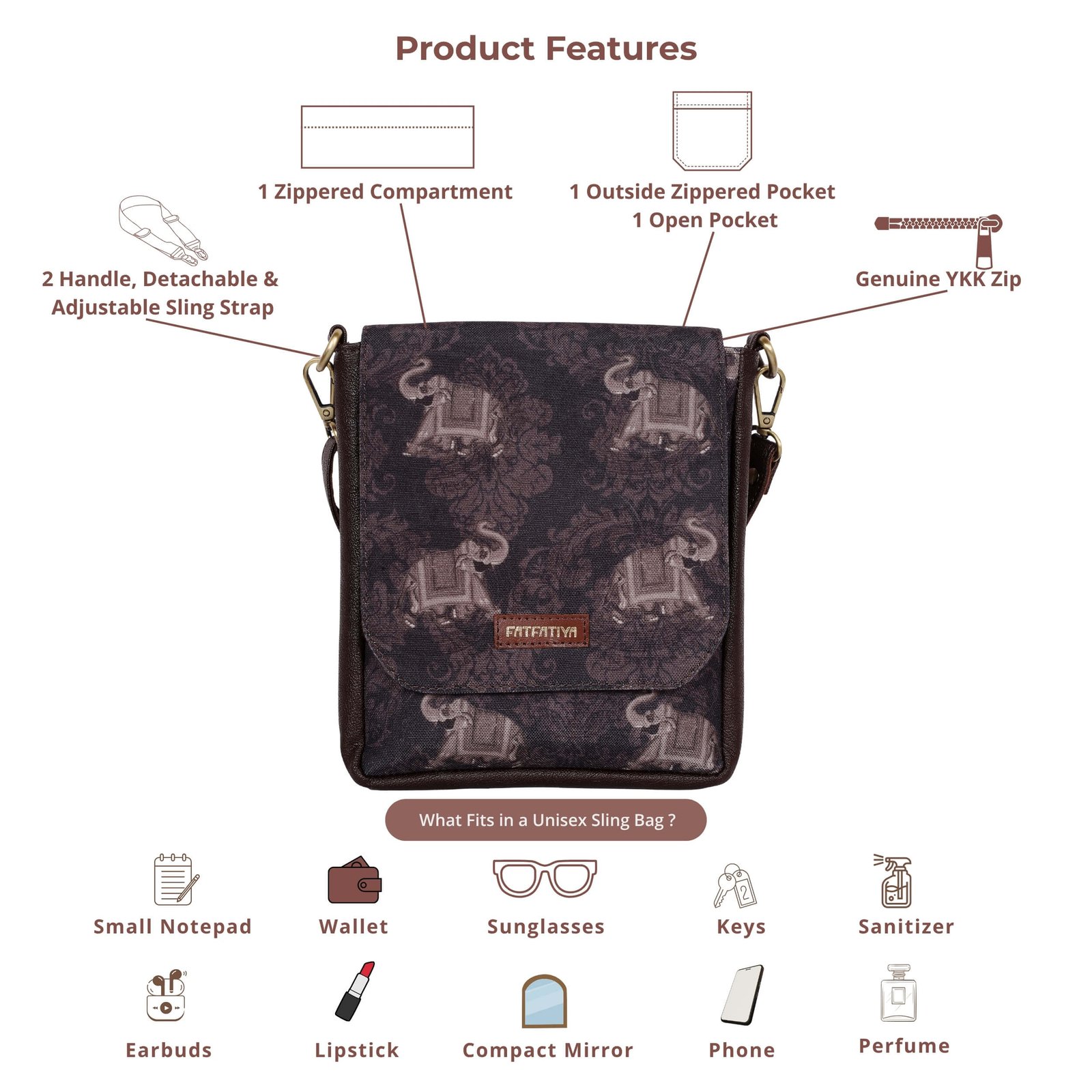 Elephant Motif Unisex Sling Bag – Fatfatiya