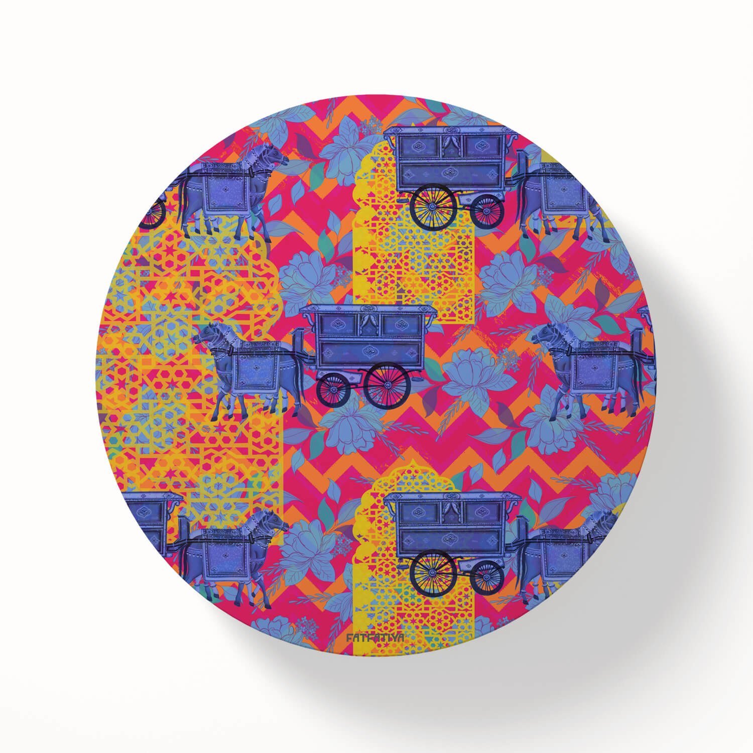 Blue Horse Cart Printed Round Coaster Set