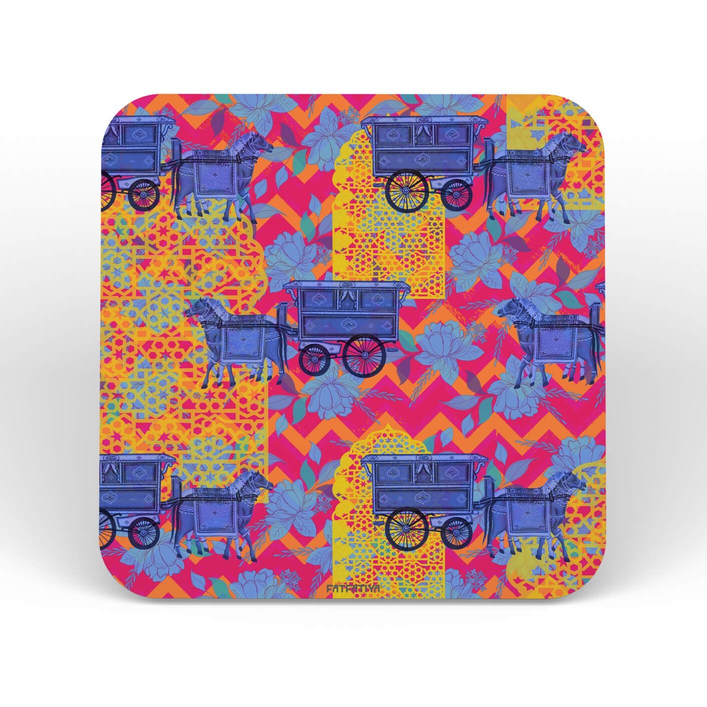 Blue Horse Cart Printed Table Coaster Set