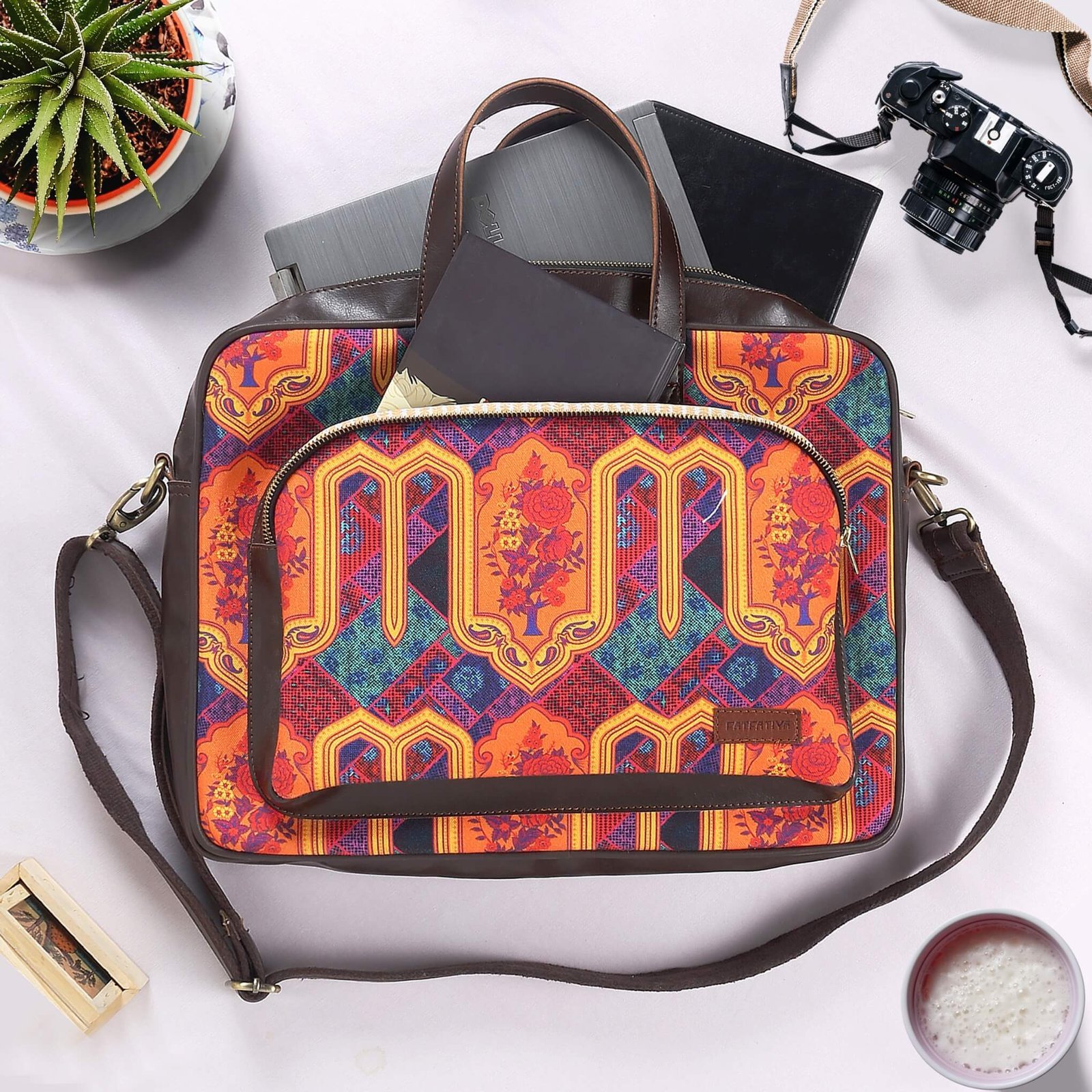 Multicoloured Motif Printed Laptop Bag