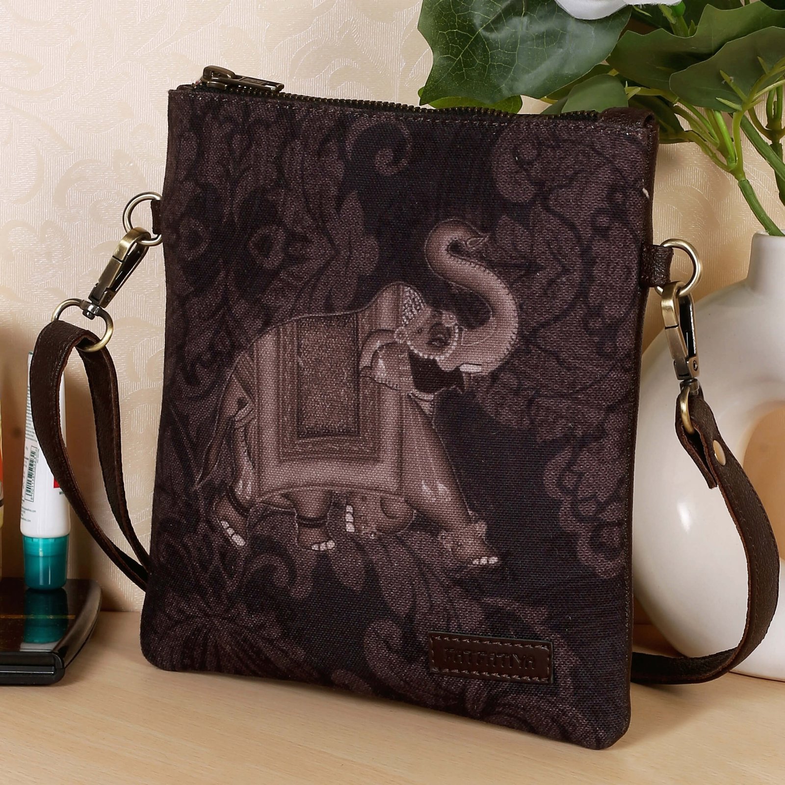 Royal Elephant Print Canvas Sling Bag