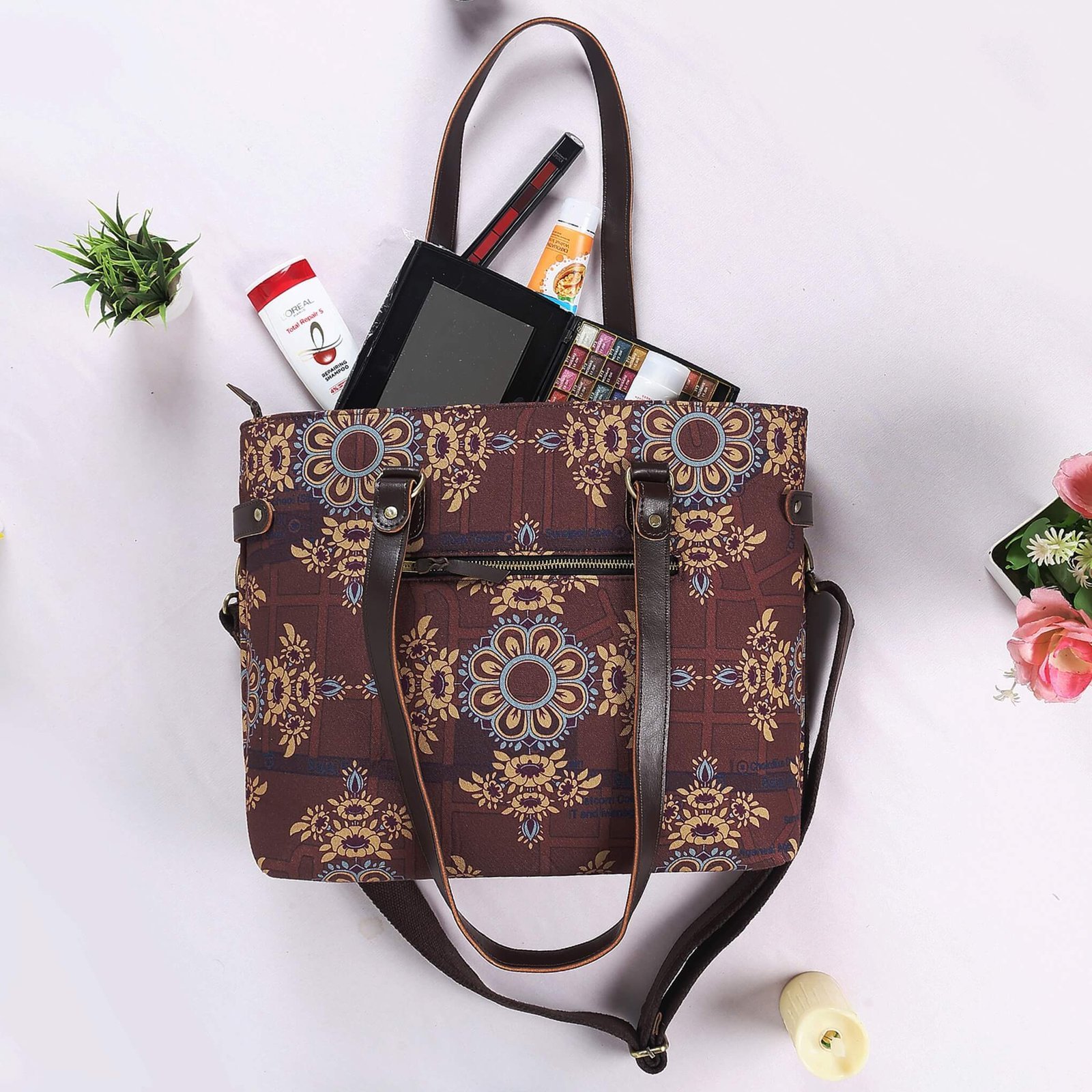 Brown Floral Motif Trendy Bag