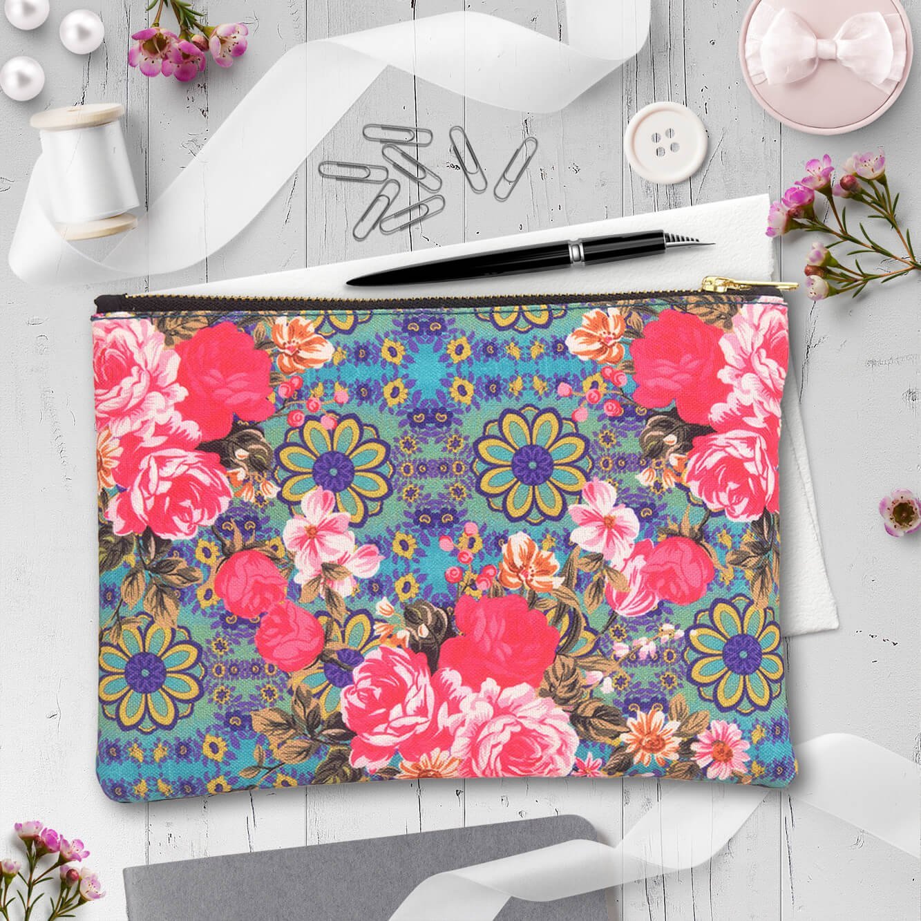 Geometric Design Floral Makeup Pouch