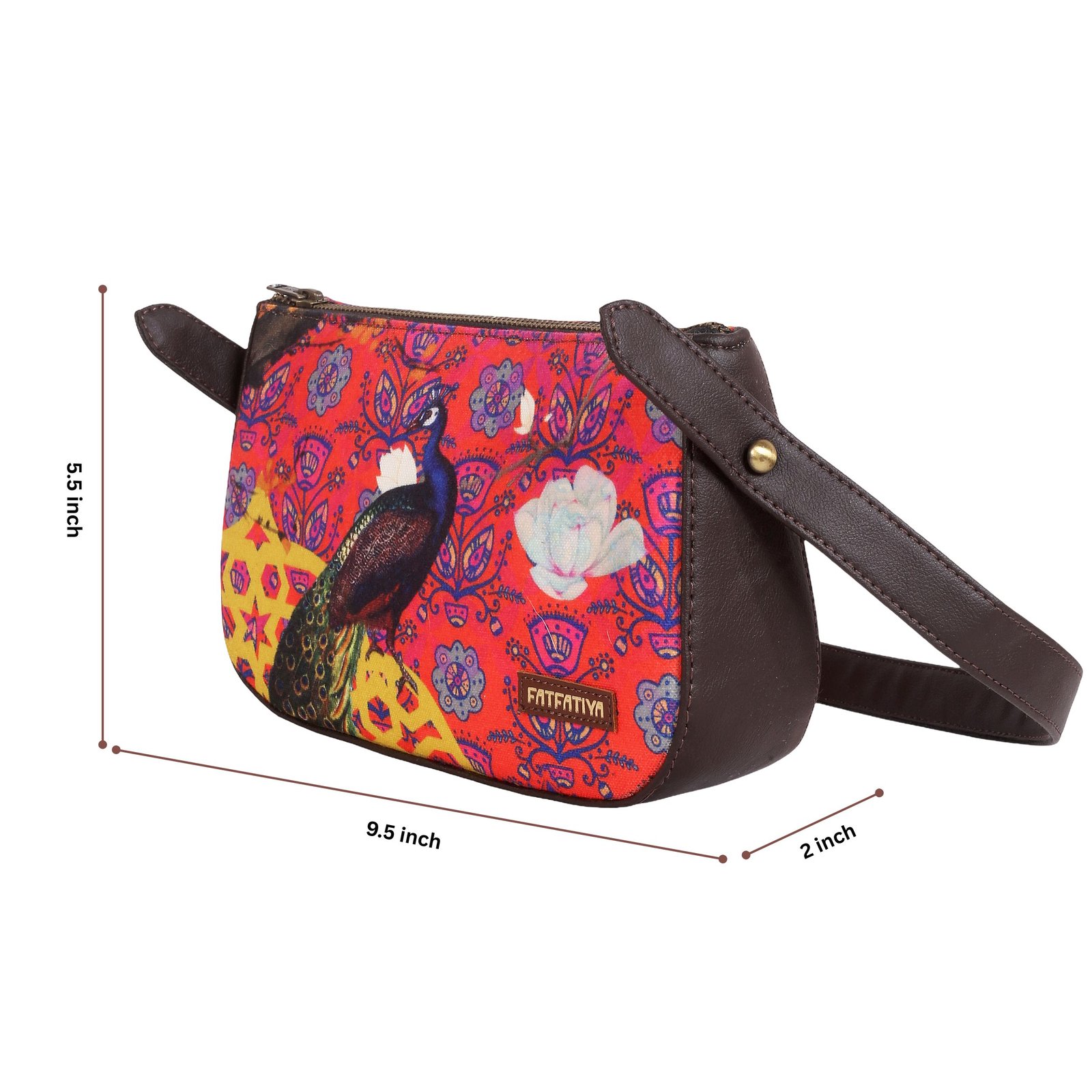 Side angle view of women’s ethnic peacock print shoulder handbag with curved silhouette peacock print women’s baguette shoulder bag with vibrant floral ethnic design