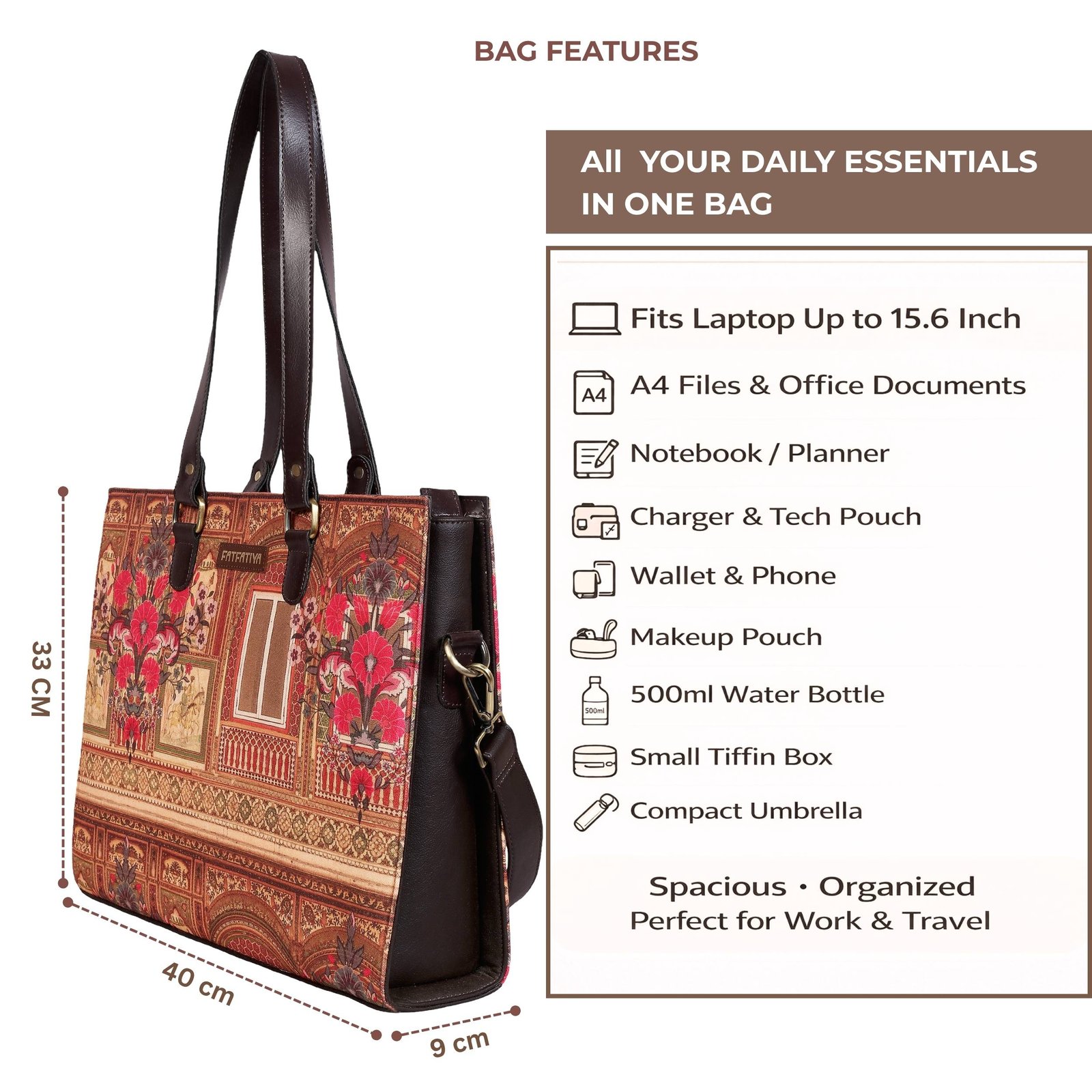 Rajasthani Palace Floral Art Print Office Tote Bag for Women office bag