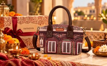 Rajasthani haveli print handbag with Diwali gift box, marigold flowers and diyas by Fatfatiya