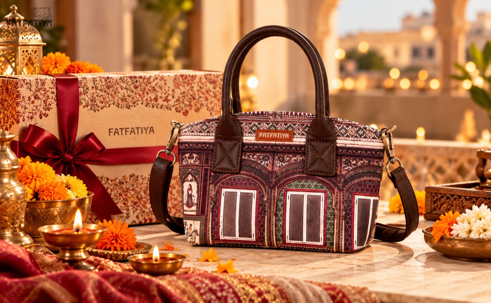 Rajasthani haveli print handbag with Diwali gift box, marigold flowers and diyas by Fatfatiya