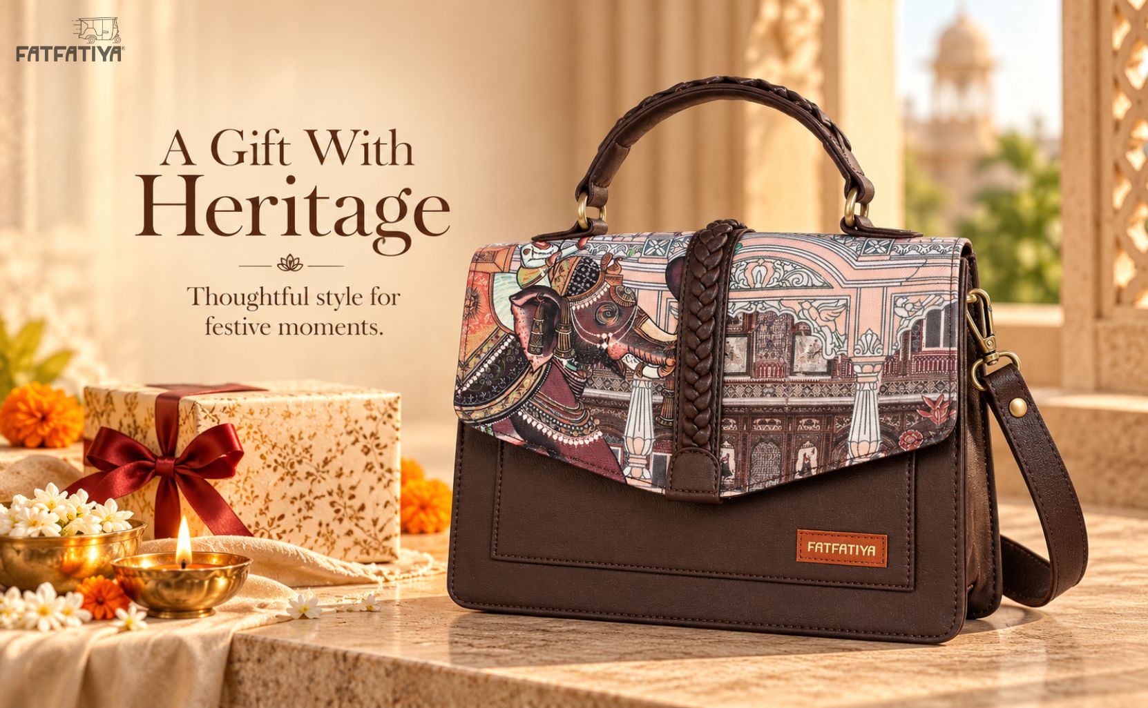 Heritage print crossbody bag with red ribbon gift boxes, a perfect Diwali gift from Fatfatiya