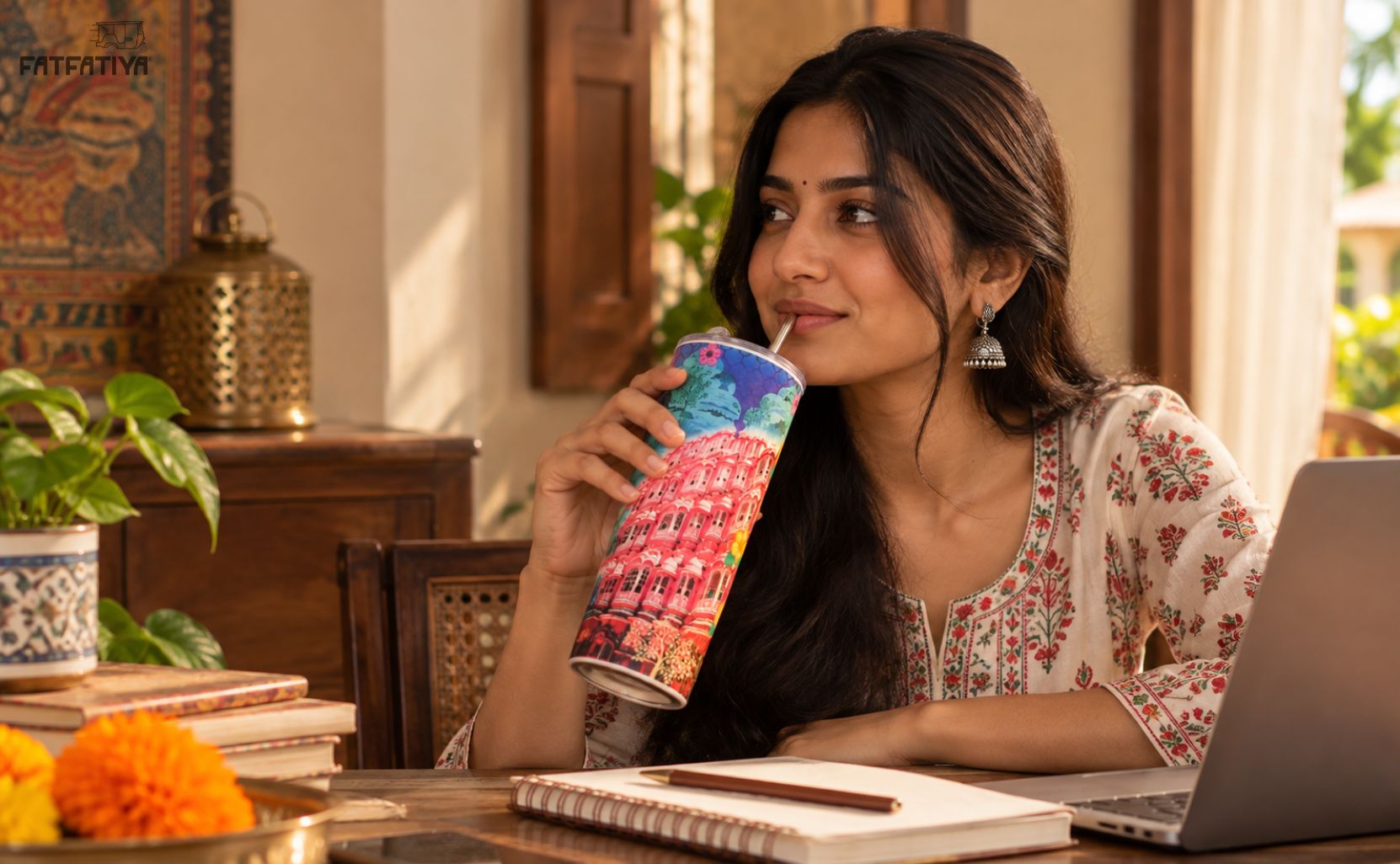 Woman sipping from a Rajasthani print tumbler with straw at her desk, a useful Diwali gift idea