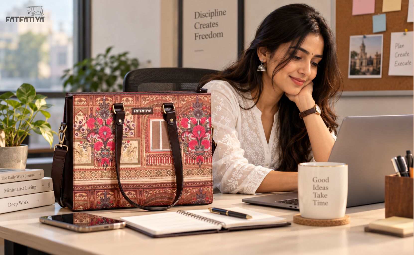 Woman at her work desk with a Rajasthani print tote bag and coffee mug, ideal corporate Diwali gifts