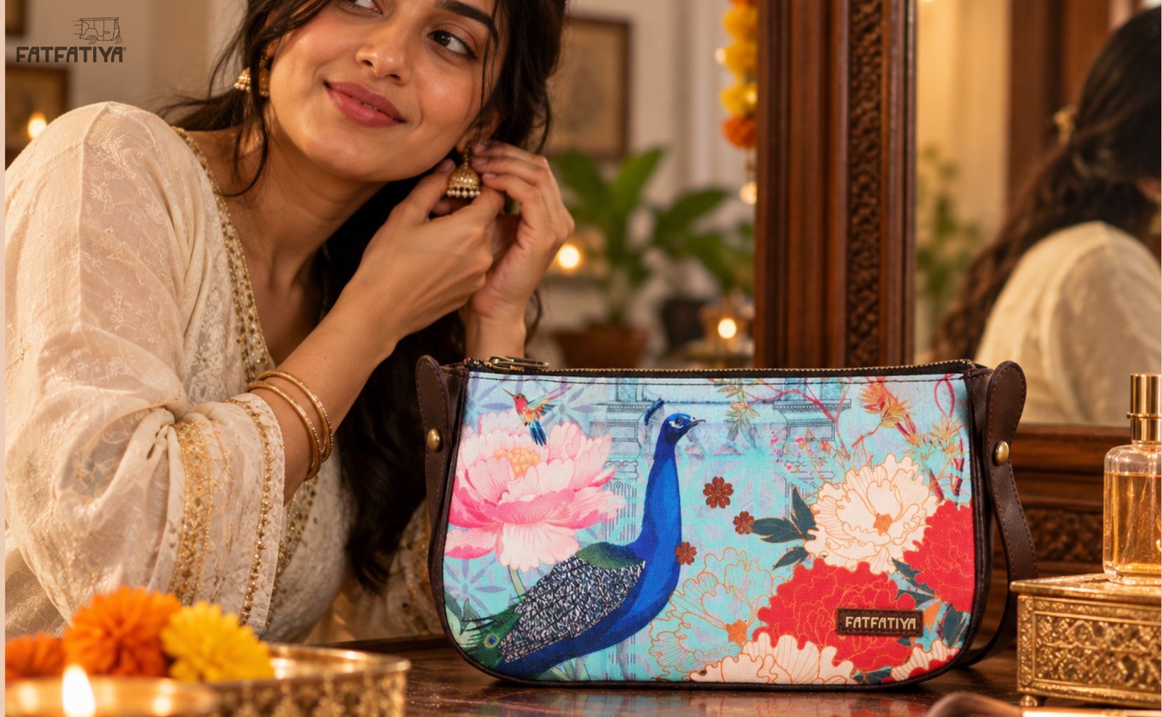 Peacock print utility pouch from Fatfatiya, a stylish Diwali and Bhai Dooj gift for sisters